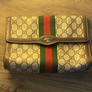 Gucci Beige Monogram Clutch with Red and Green Accents